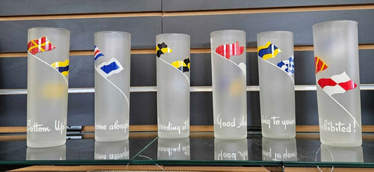 Vintage Libbey Nautical Sailing Flags Frosted Drinking Glasses - Set of 6