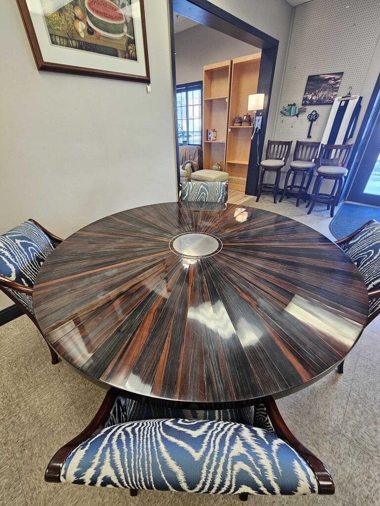 Macassar Ebony Wood Table with Sunburst Veneer & Lacquer Finish + 8 Silk Upholstered Chairs w/Hardwood Finish