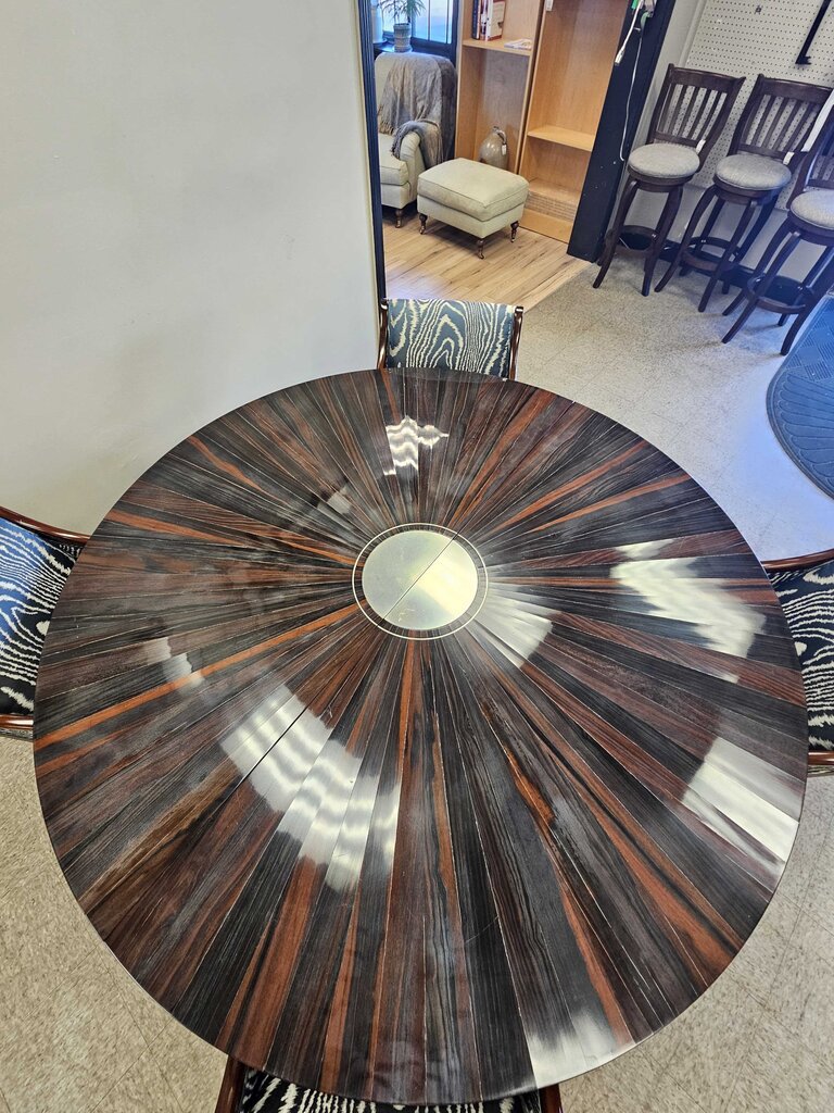 Macassar Ebony Wood Table with Sunburst Veneer & Lacquer Finish + 8 Silk Upholstered Chairs w/Hardwood Finish