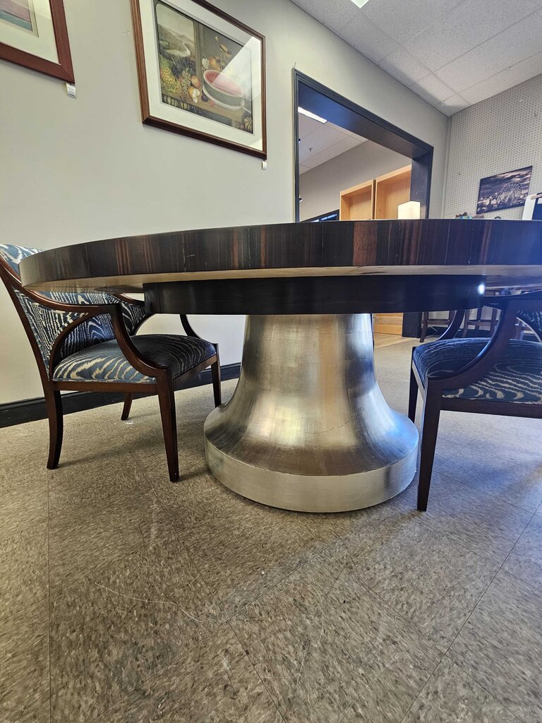 Macassar Ebony Wood Table with Sunburst Veneer & Lacquer Finish + 8 Silk Upholstered Chairs w/Hardwood Finish