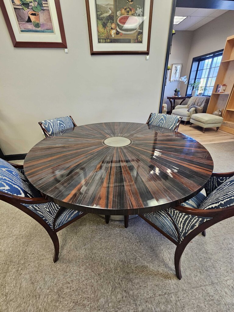 Macassar Ebony Wood Table with Sunburst Veneer & Lacquer Finish + 8 Silk Upholstered Chairs w/Hardwood Finish