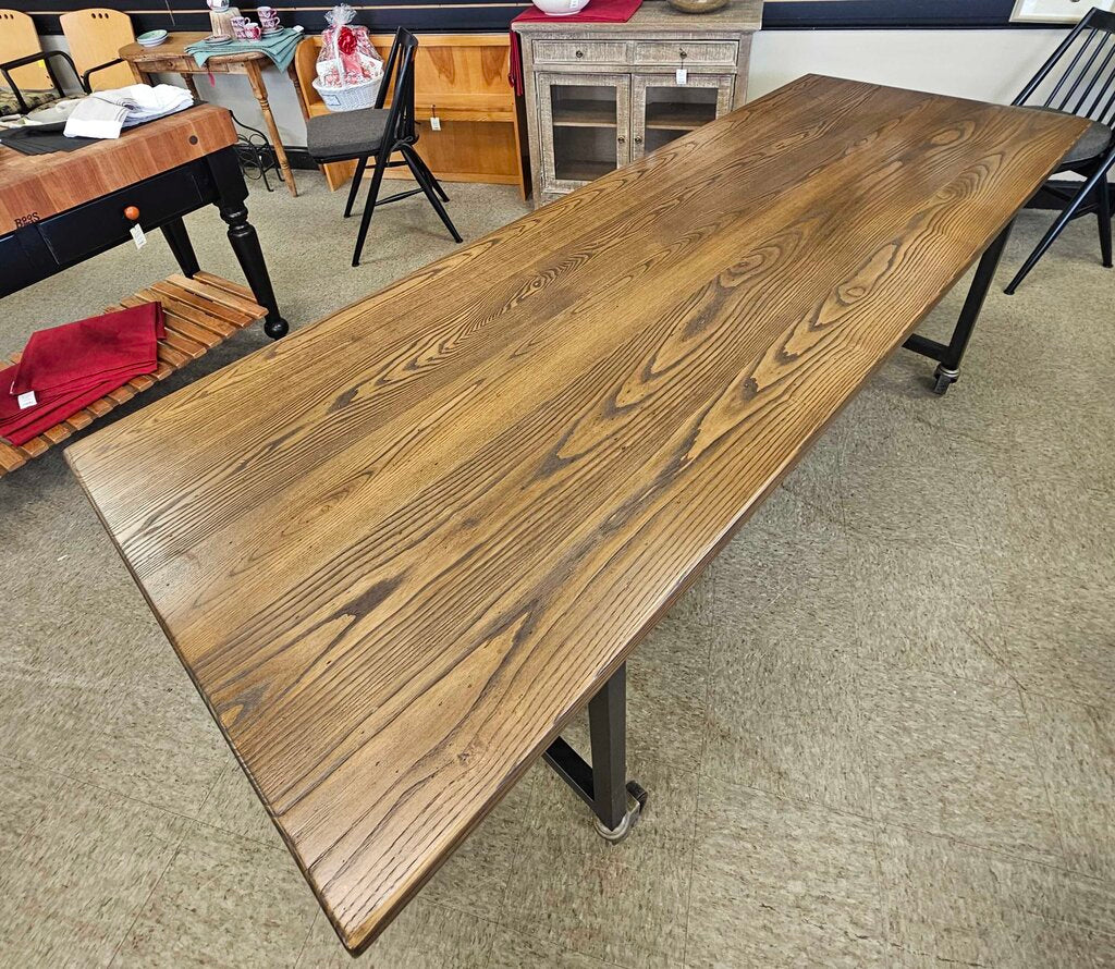 Rustic Wood Dining Table with Metal Frame and Locking Wheels