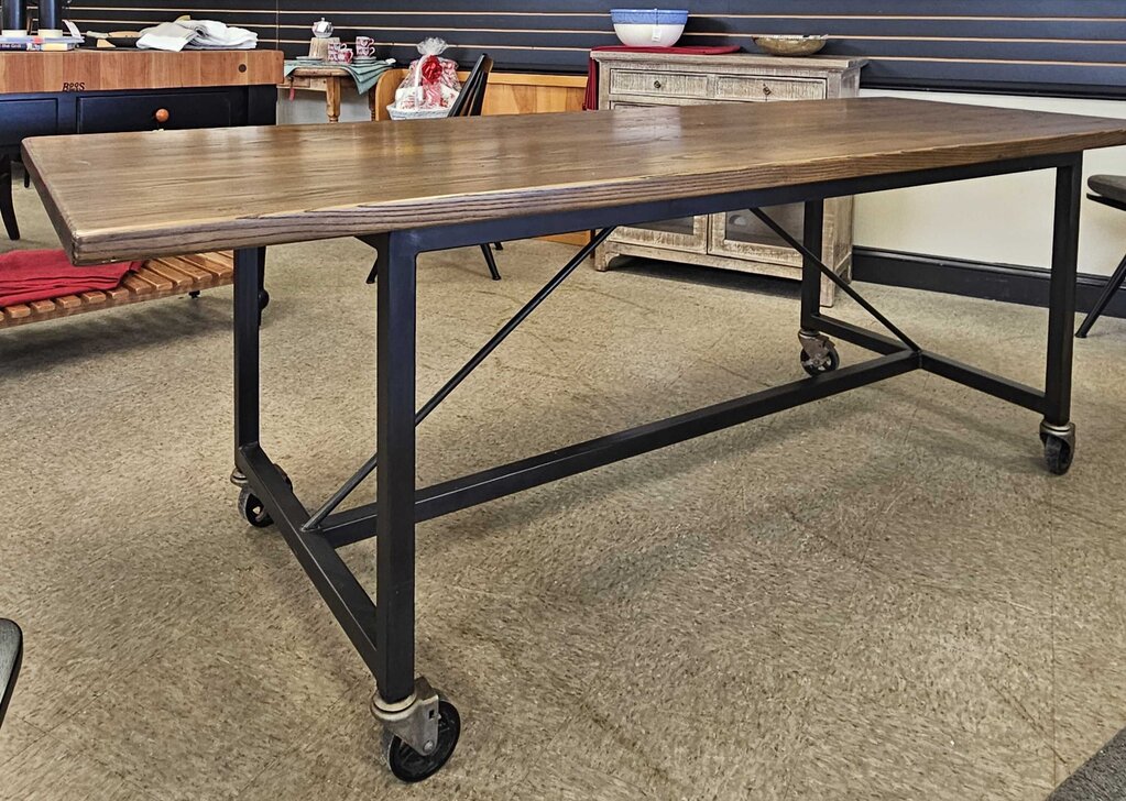Rustic Wood Dining Table with Metal Frame and Locking Wheels