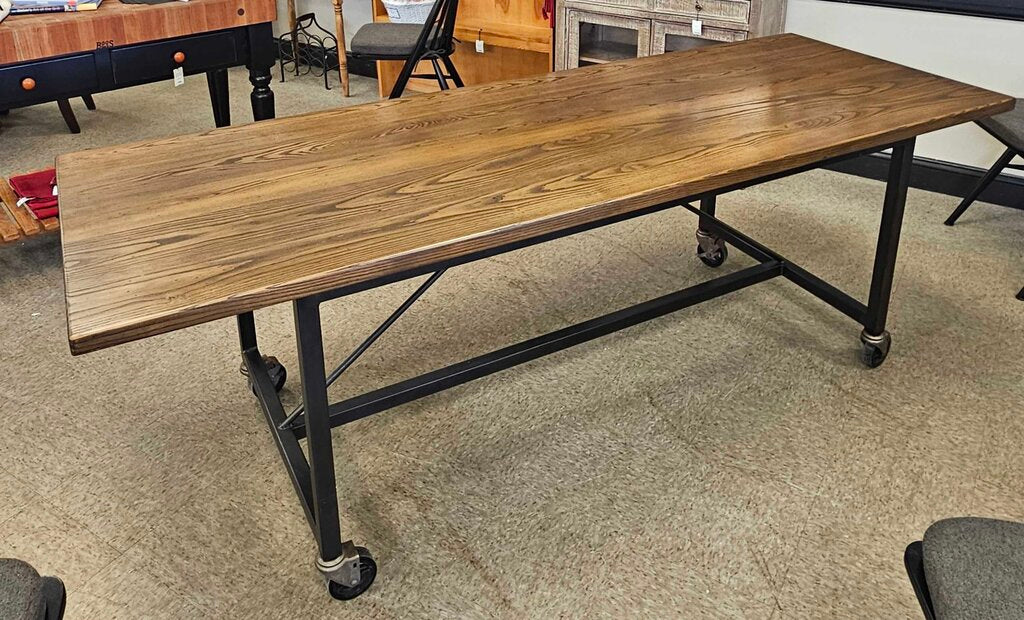 Rustic Wood Dining Table with Metal Frame and Locking Wheels