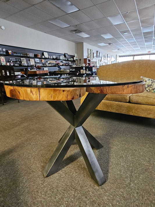 Live Edge Wood Slab Dinette Table w/Bow Tie Inlay and Steel Base