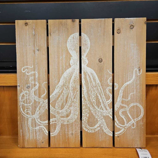White Octopus Wood Plank Art