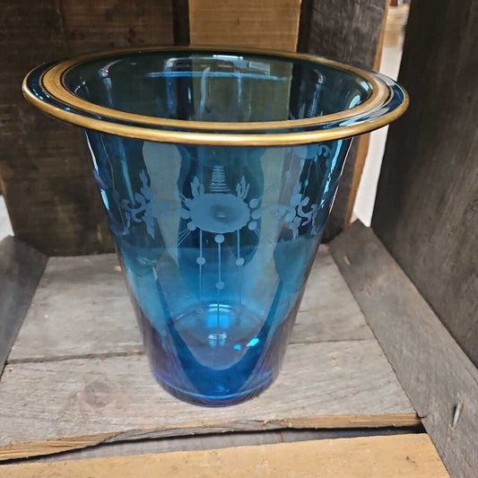 Antique Gold Rimmed Blue Glass Vase