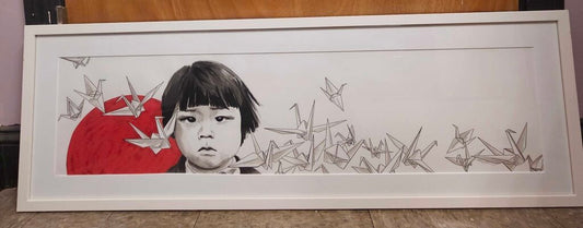 Original Signed Watercolor and Ink on Paper - Japanese Boy and Cranes (Artist Unknown)