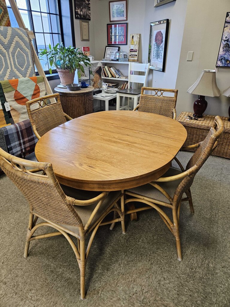 "The Perfection" Oak Dining Table & 4 Rattan Chairs by A.J. Johnson & Sons Furniture
