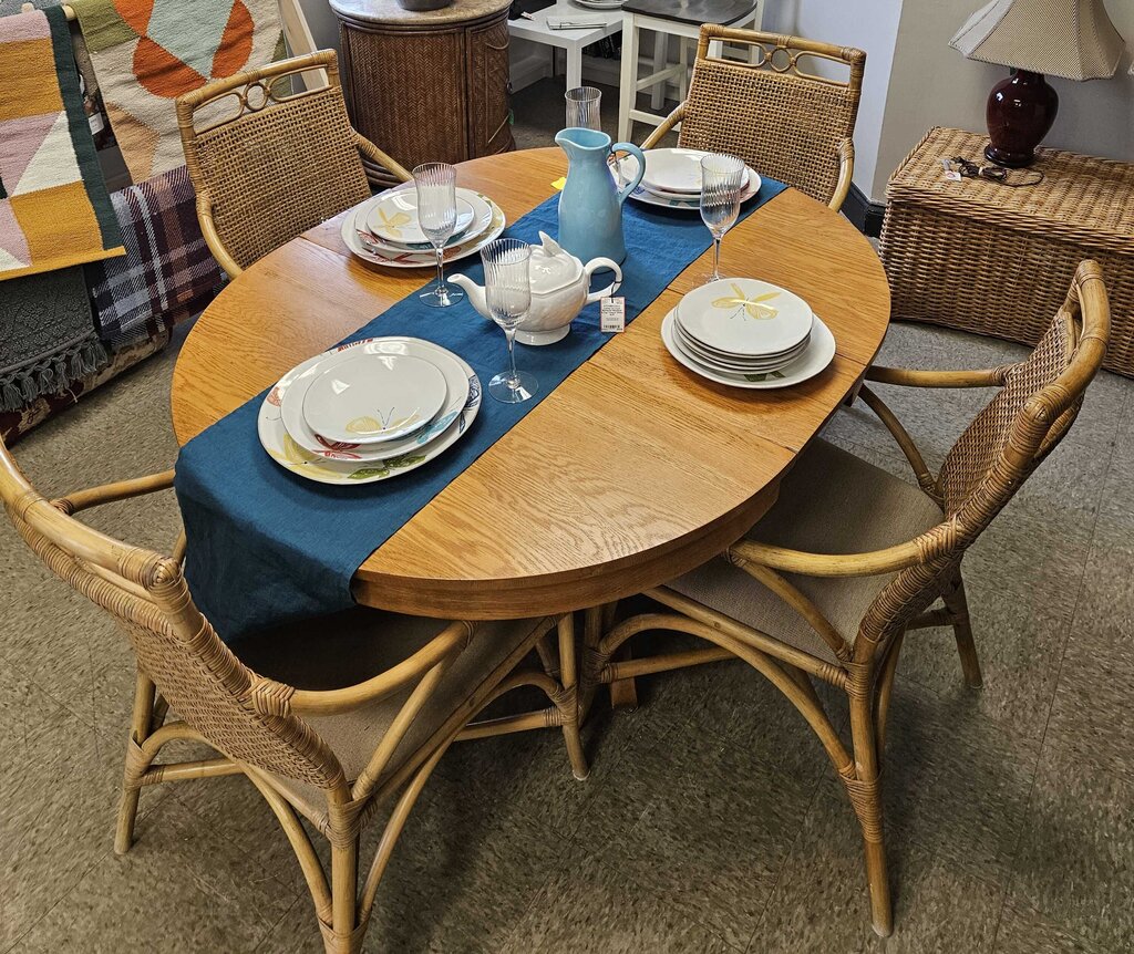 "The Perfection" Oak Dining Table & 4 Rattan Chairs by A.J. Johnson & Sons Furniture