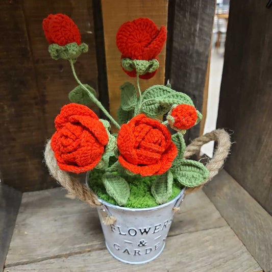 Crocheted Roses in Metal Pot