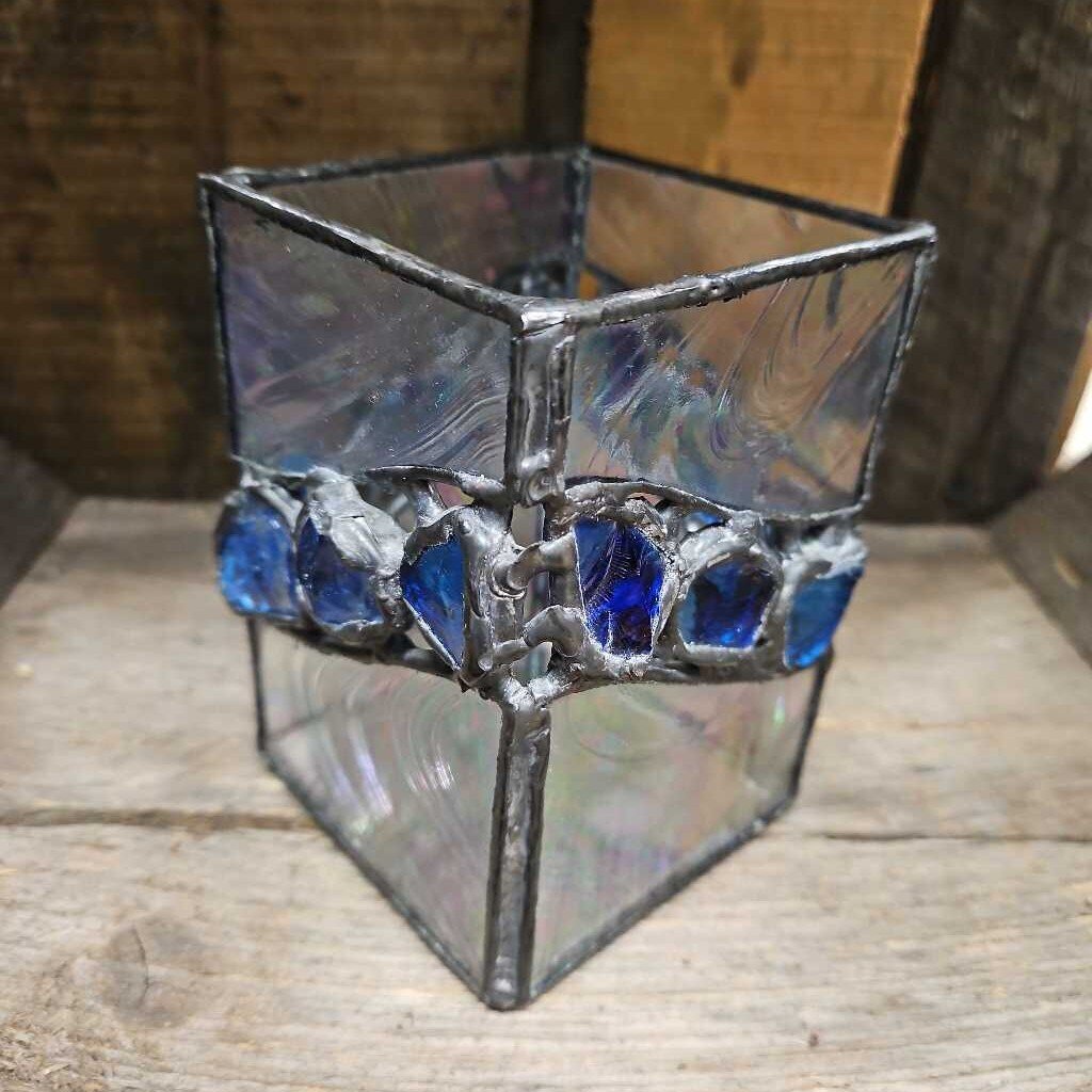 Iridescent Mosaic Glass & Iron Candle Holder