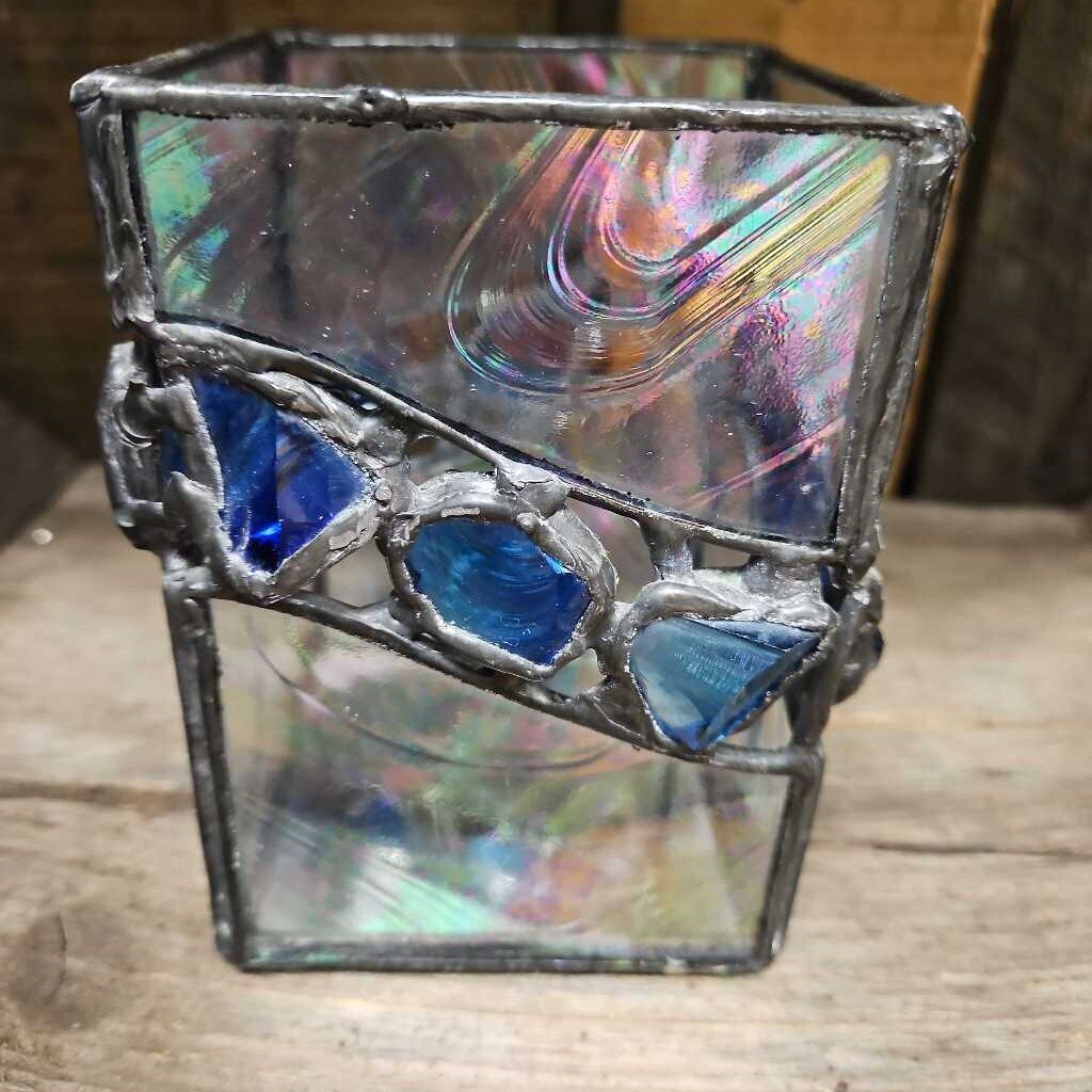 Iridescent Mosaic Glass & Iron Candle Holder