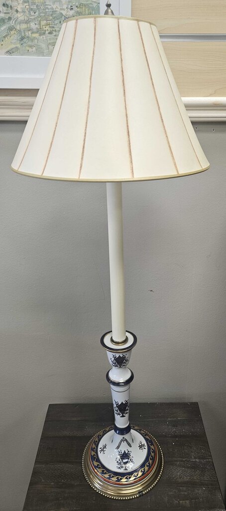 Vintage Frederick Cooper Porcelain and Brass Candlestick Lamp with Striped Paper Shade