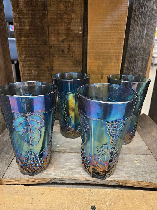 Indiana Blue Carnival Glass Grape Harvest Vintage Tumbler - Set of 4