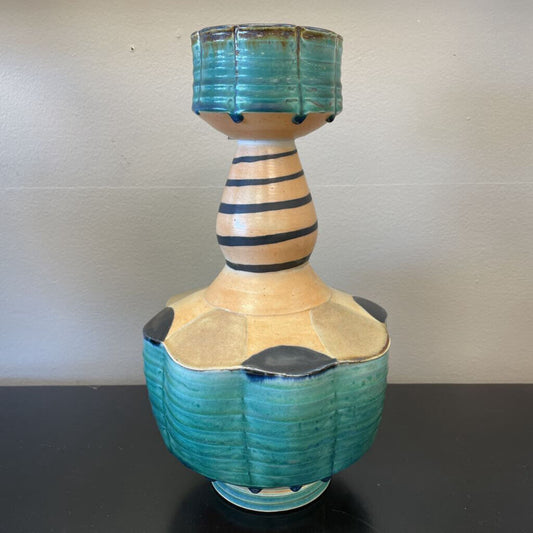 Vintage Ceramic Vase with Green and Beige Stripes