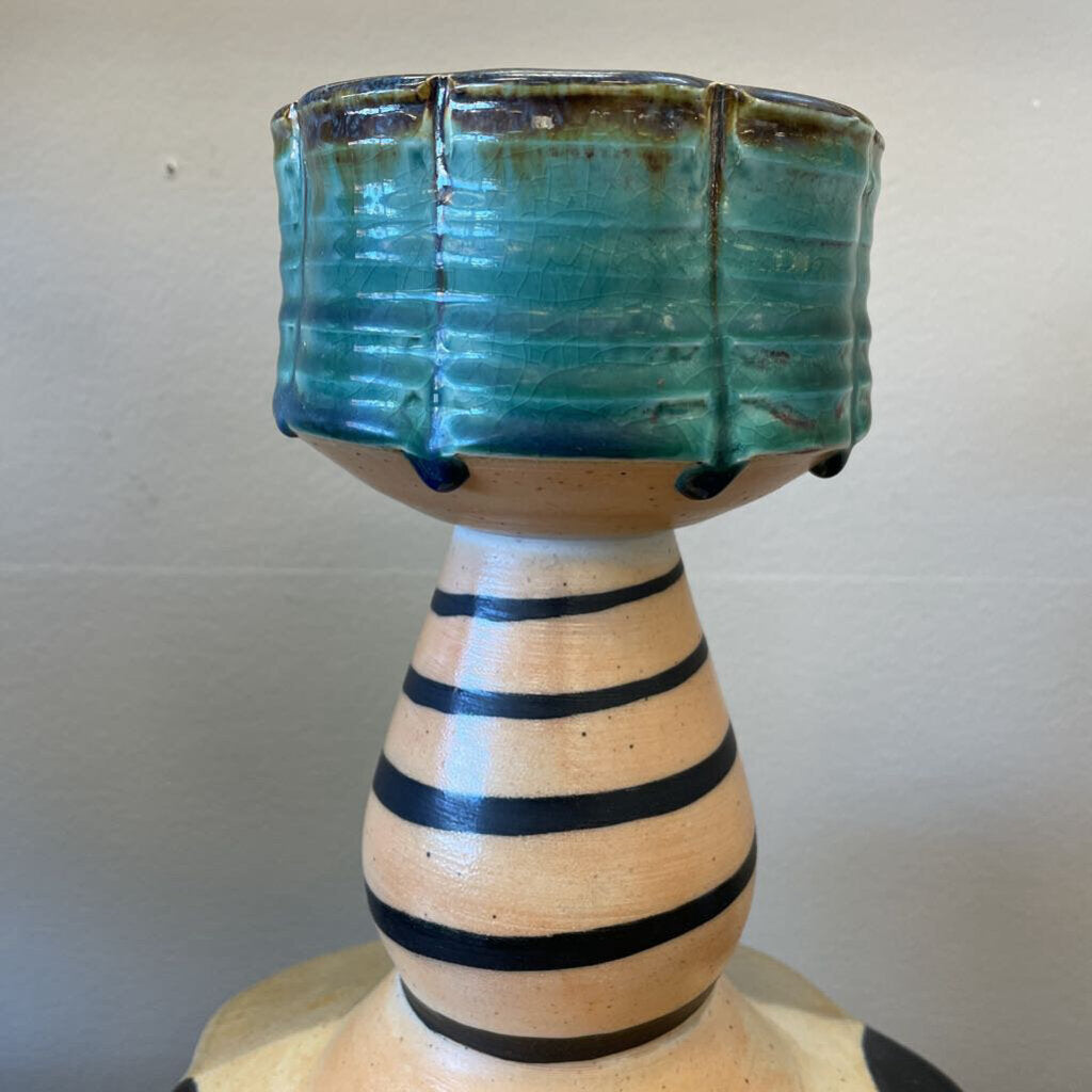 Vintage Ceramic Vase with Green and Beige Stripes