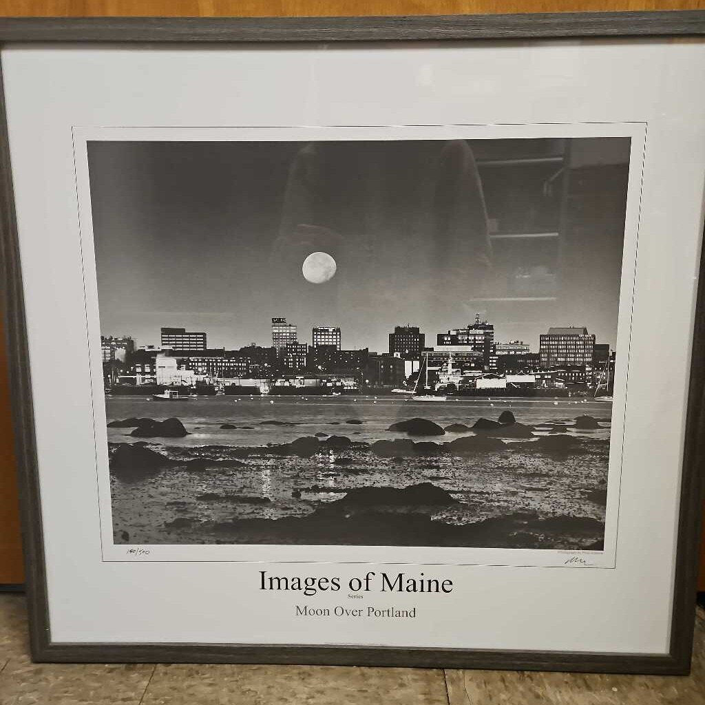 Images of Maine "Moon Over Portland" by Philip Bobrow Framed Print 180/500