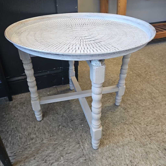 Round Outdoor Side Table with Aluminum Top and Wood Base