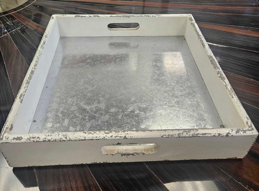 Decorative Wooden Serving Tray w/Galvanized Metal Base