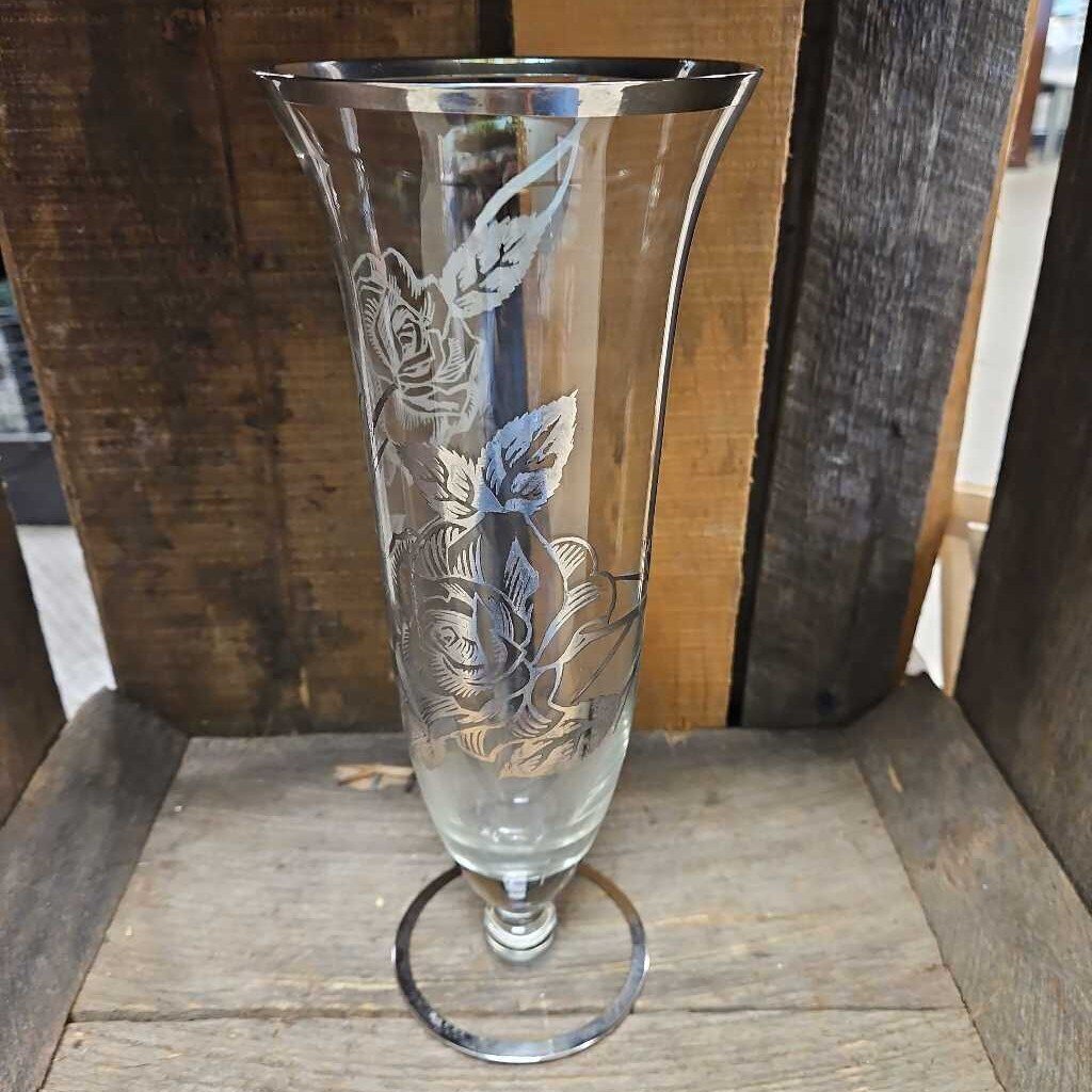 Vintage Crystal Vase w/Etched Silver Roses