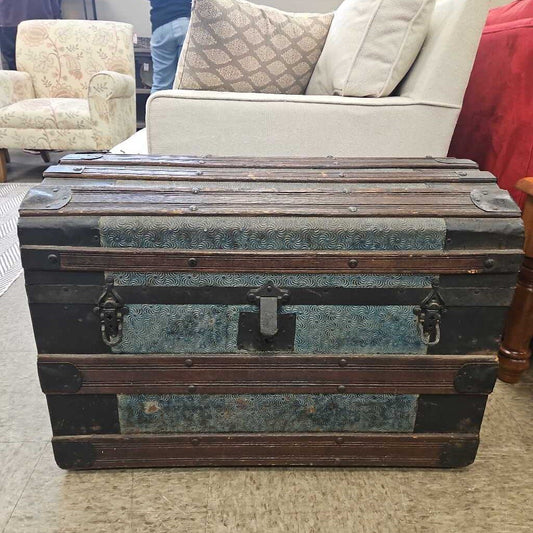 Antique Dome Top Wood Steamer Trunk with Embossed Tin