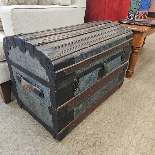 Antique Dome Top Wood Steamer Trunk with Embossed Tin