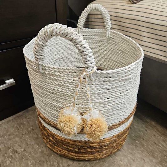 Round Handwoven Wicker Basket with Handles and Tassels