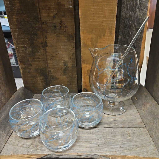 Blue and Gold Accented Hand Painted Pitcher and Glasses (x4)