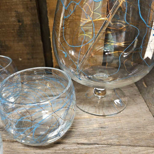 Blue and Gold Accented Hand Painted Pitcher and Glasses (x4)