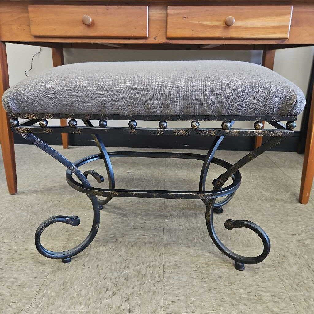 Upholstered Metal Vanity Stool with Scrollwork Base