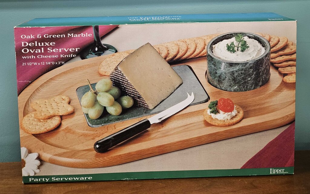 Lipper International Oak and Green Marble Deluxe Oval Server w/Cheese Knife NEW