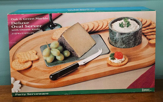 Lipper International Oak and Green Marble Deluxe Oval Server w/Cheese Knife NEW
