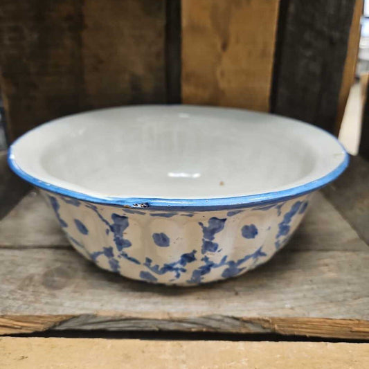 Vintage Blue Spongeware Bowl with Floral Pattern
