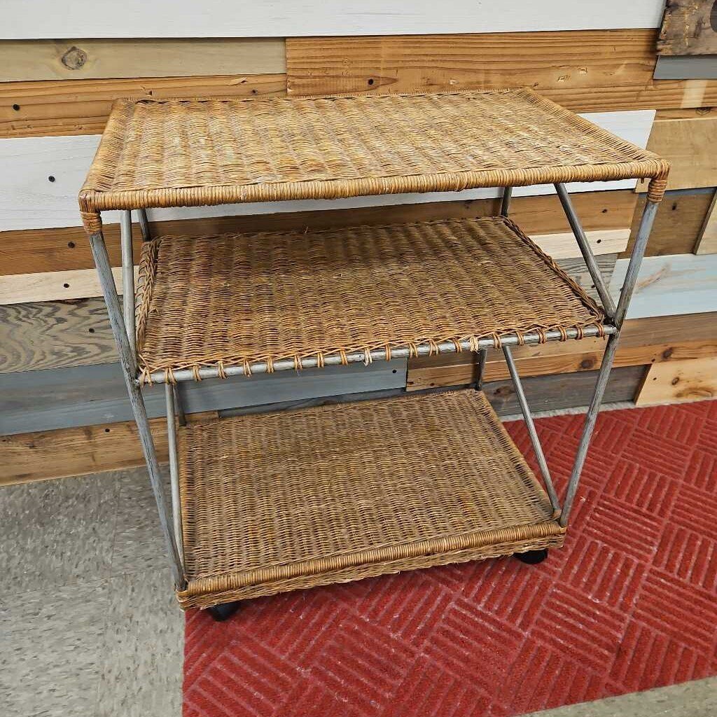 Vintage Rattan and Metal Rolling Cart