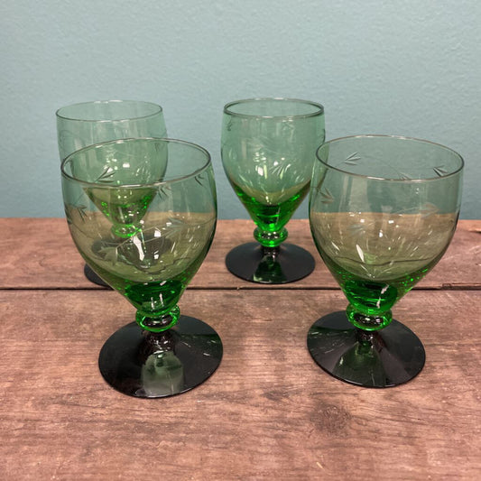 Green Vintage Glassware with Etched Floral Design Set of 6