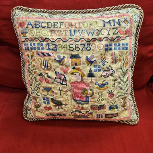 Swedish Embroidered Accent Pillow with Gold Rope Trim