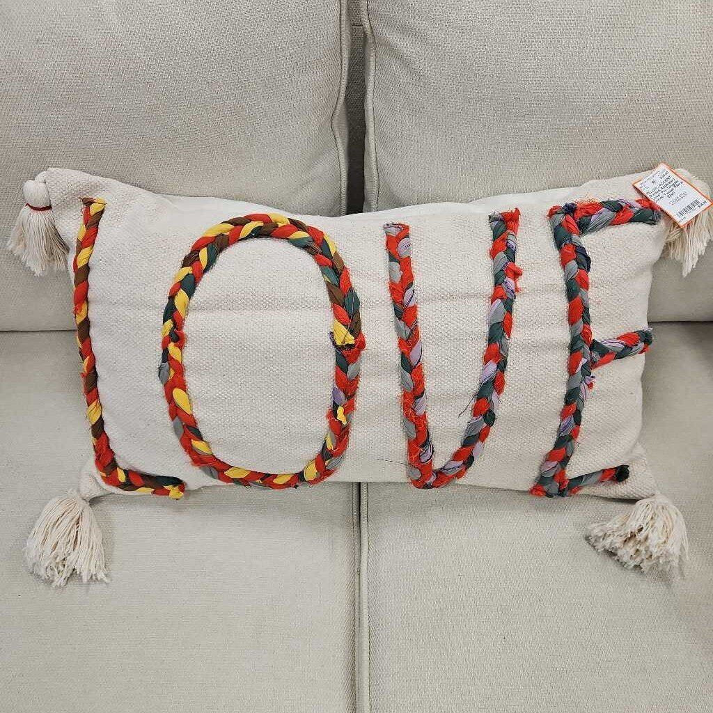 Braided Appliqued "Love" Rectangular Cotton Tassel Pillow