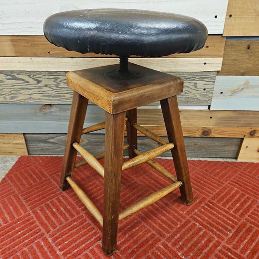 Vintage Industrial Adjustable Oak Shop Stool with Leather Seat