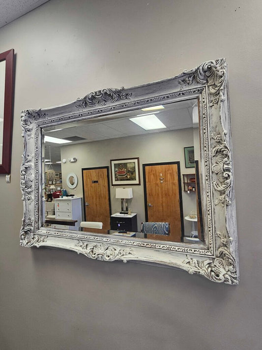 Ornate Beveled Glass Wall Mirror with Distressed White Finish