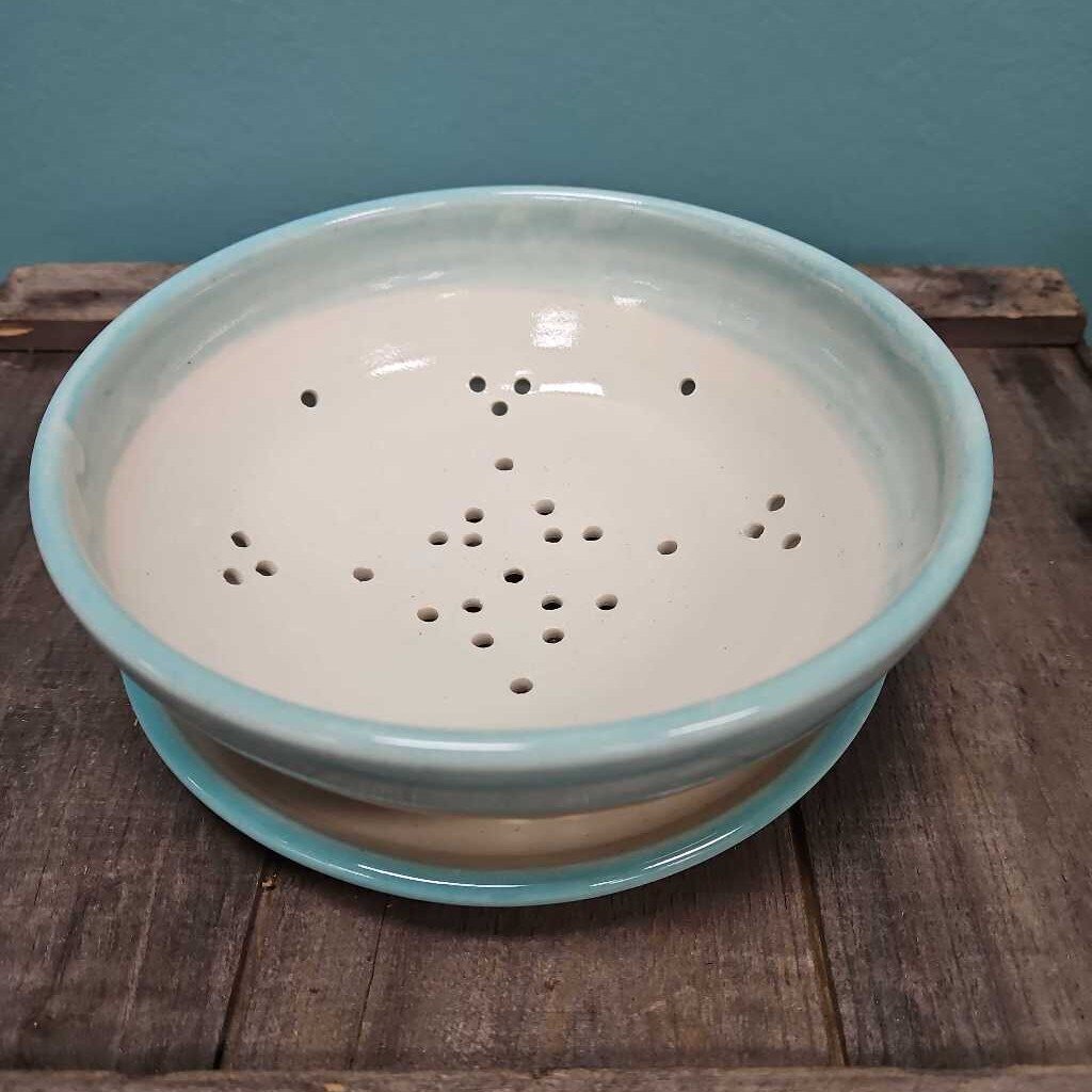 Handmade Ceramic Berry Bowl with Blue Glaze & Saucer