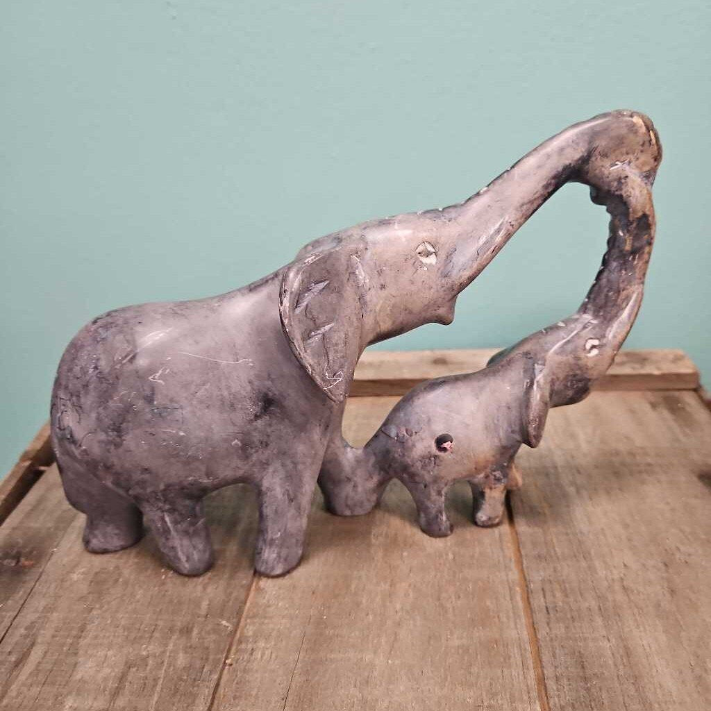 Carved Stone Elephant and Baby Sculpture