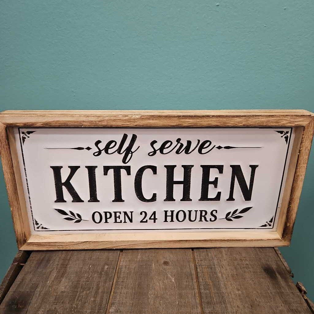 "Self Serve Kitchen" Wood Framed Metal Art Plate