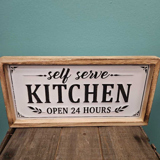 "Self Serve Kitchen" Wood Framed Metal Art Plate