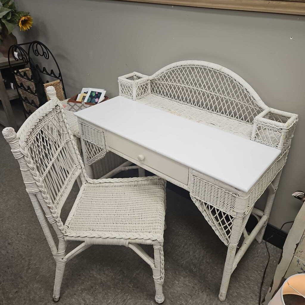 Vintage White Wicker Desk and Chair Set