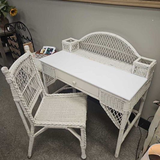 Vintage White Wicker Desk and Chair Set