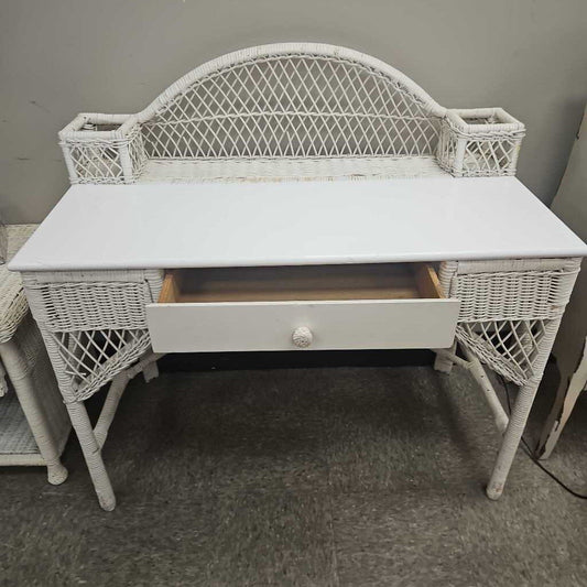 Vintage White Wicker Desk and Chair Set