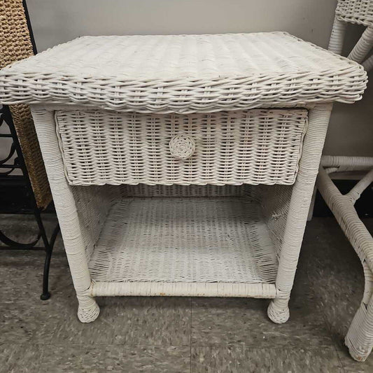 White Wicker Single Drawer Nightstand