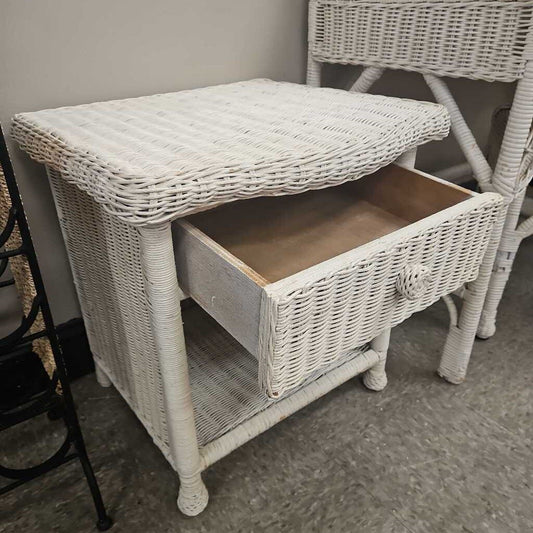 White Wicker Single Drawer Nightstand