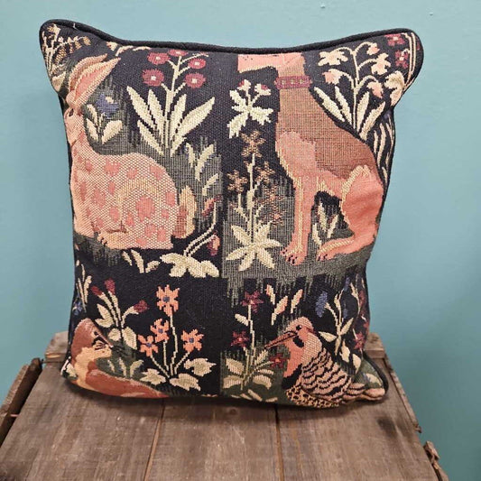Tapestry Pillow with Animal and Floral Design